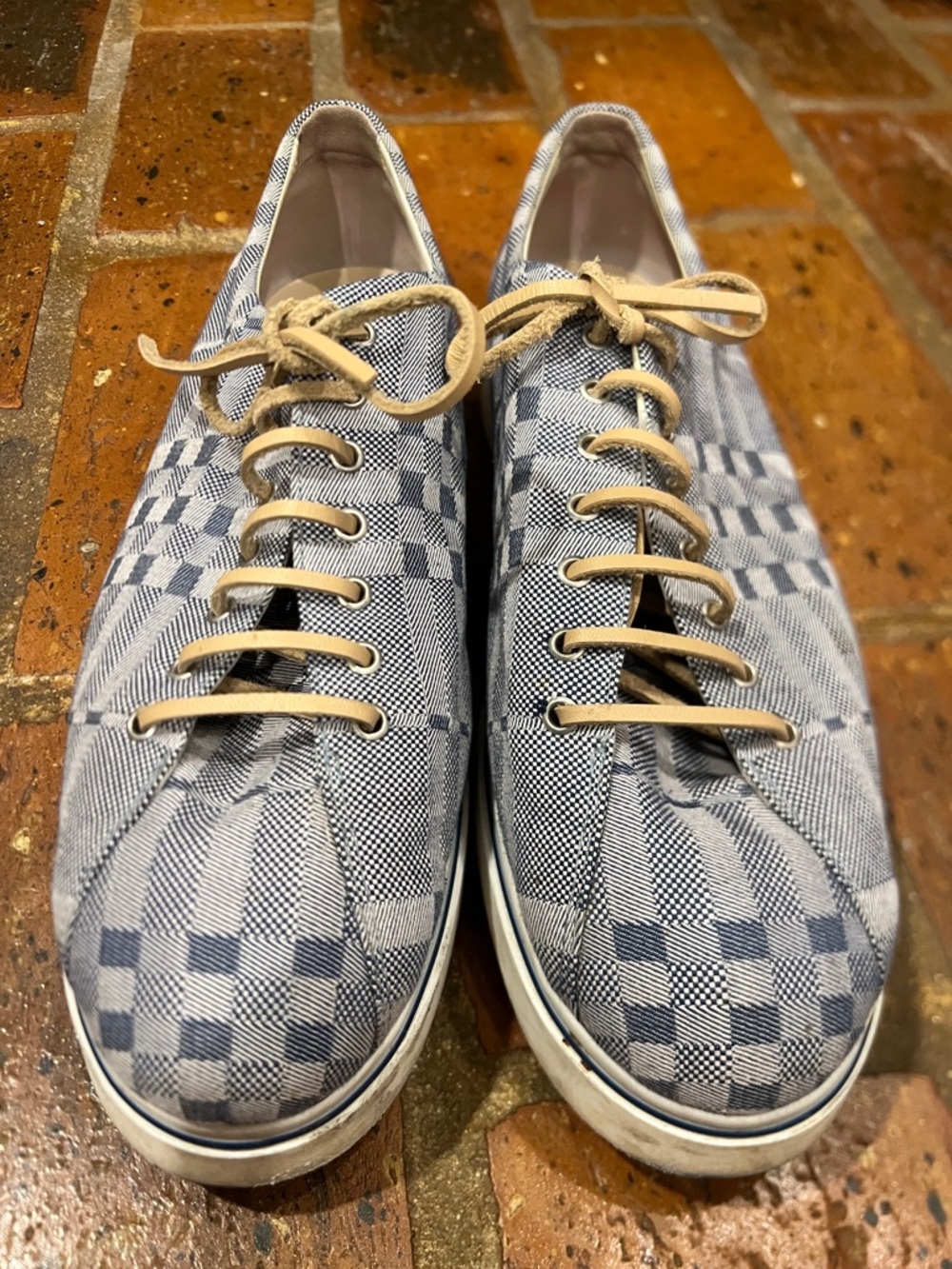 Burberry Unisex Blue Check Canvas Sneakers with Tan Laces - Picture 2 of 13